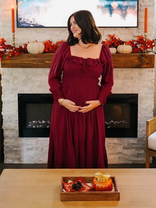 Momyknows Red Ruffle Ruched Lace-up Square Neck A-line Maternity Maxi Dress