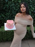 Momyknows Khaki Diamond Rhinestone Off Shoulder Flare Sleeve Bodycon Elegant Evening Gown Maternity Photoshoot Baby Shower Maxi Dress