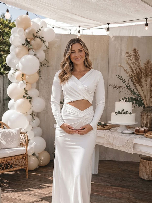 White Ruched Midriff Baby Shower Maternity Maxi Dress
