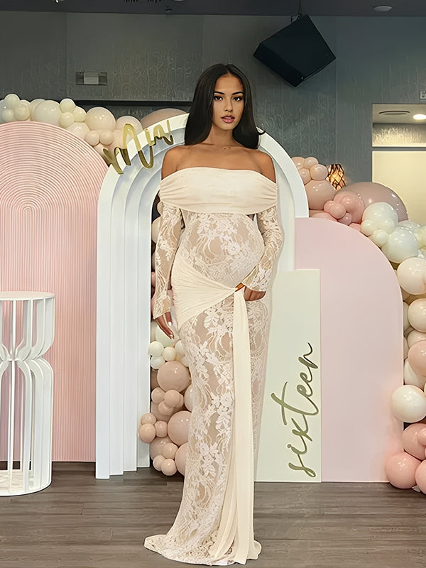 Momyknows Apricot Off Shoulder Lace Spliced Lace Up Maternity Baby Shower Maxi Dress Apricot / S Momyknows Apricot Off Shoulder Lace Spliced Lace Up Maternity Baby Shower Maxi Dress Apricot / S