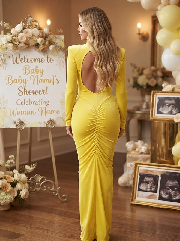 Yellow Ruched Bodycon Maternity Maxi Dress with Cross Chest Detail and Backless Design