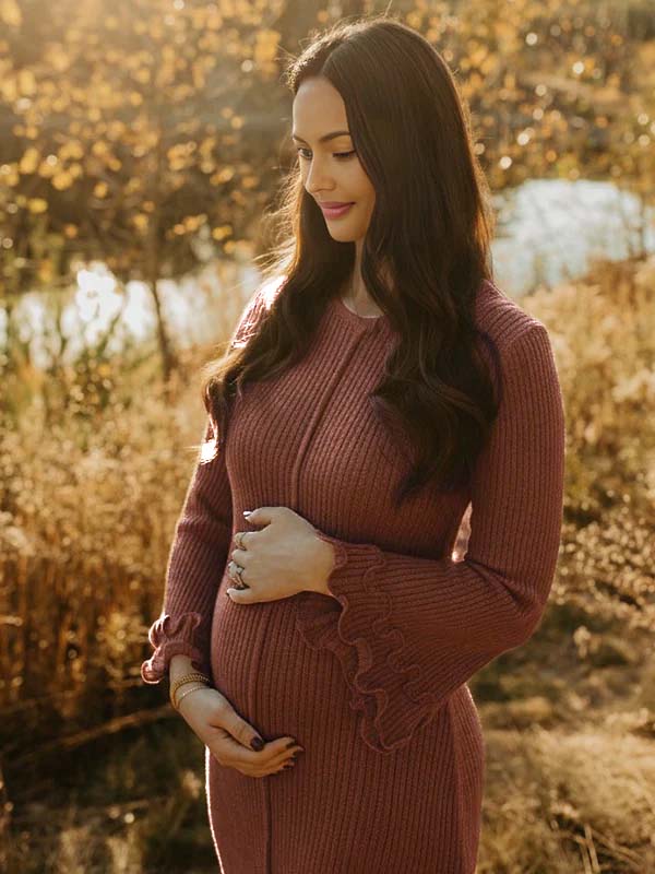 Momyknows Brown Knit Ruffle Beackless Flare Sleeve Maternity Maxi Dress, Brown / M
