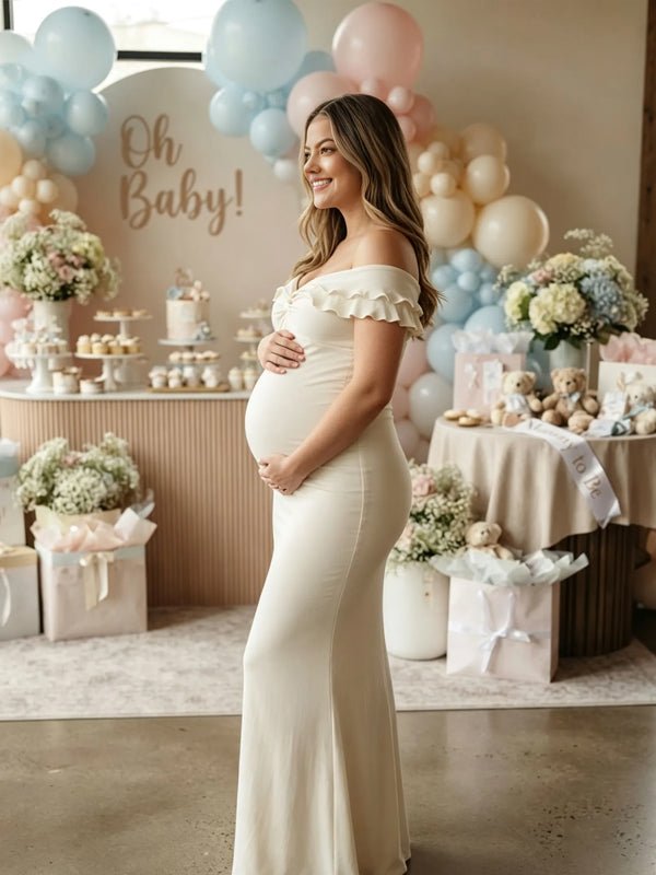 Momyknows Apricot Off Shoulder Falbala Twist Bodycon Maternity Baby Shower Maxi Dress - Apricot - 2