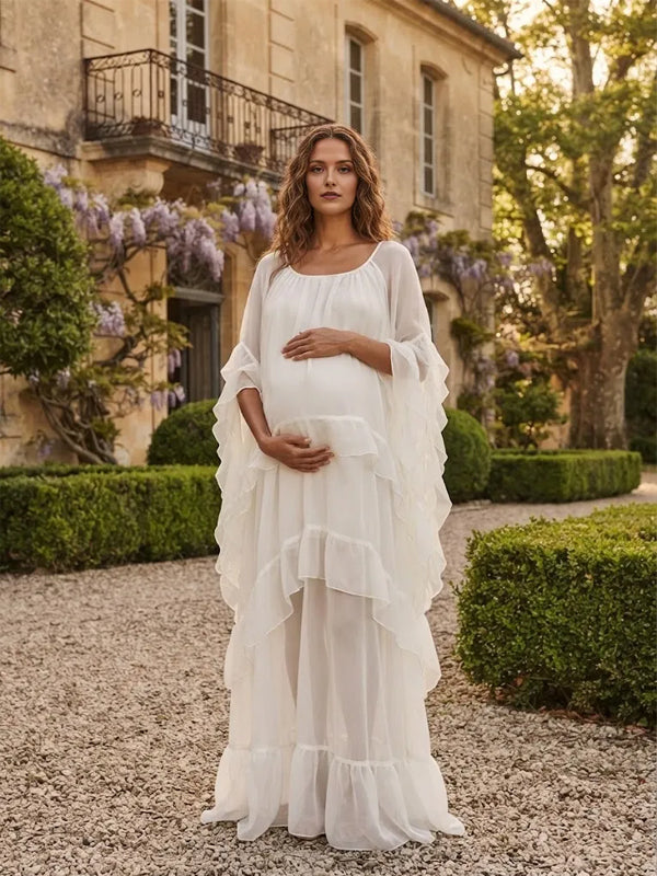 White Ruffle Maternity Maxi Dress with Sheer Lantern Sleeves and Elegant Fit, Photoshoot Occasion