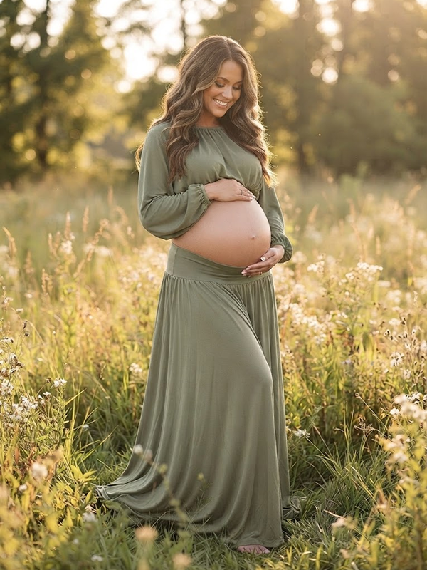 Green Elegant Elastic Waist 2-in-1 Photoshoot Maternity Maxi Dress