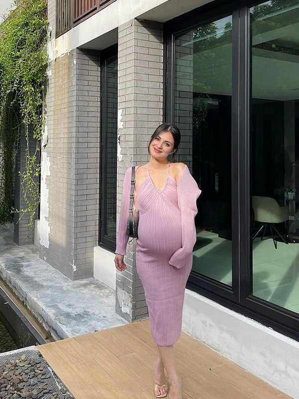 Momyknows Pink Halter Neck Two Piece Crochet Banquet Fashion Maternity Photoshoot Midi Dress