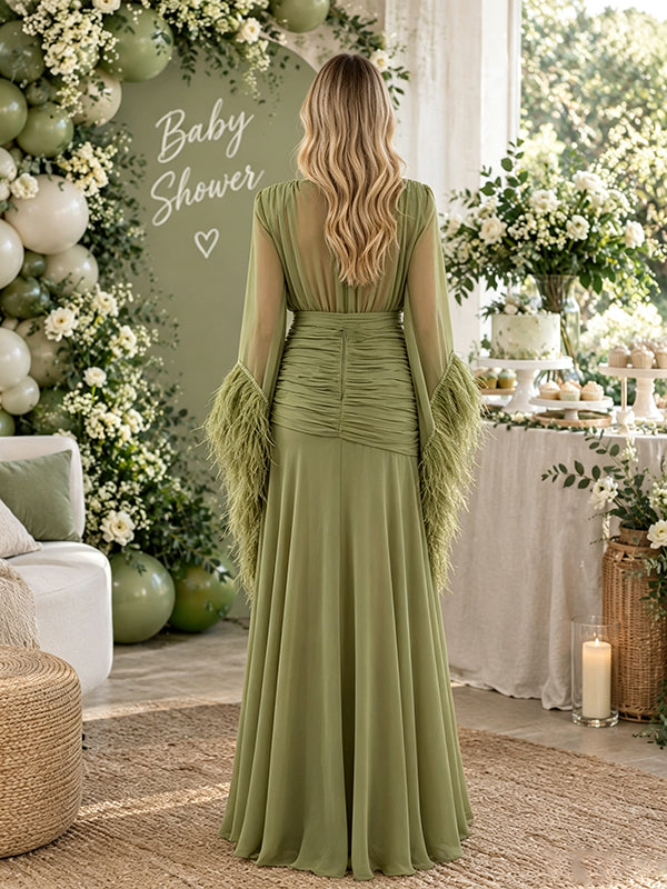 Army Green Maternity Maxi Dress with Ruched Design and Ribbon Detail