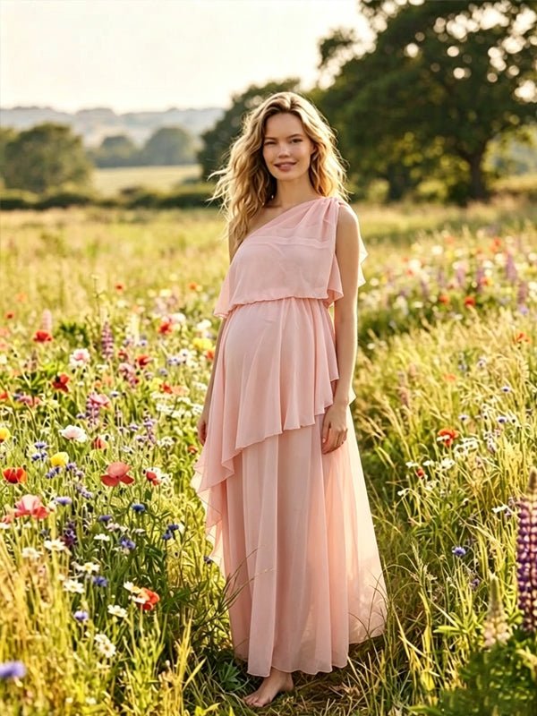 Momyknows Oblique Shoulder Falbala Solid Color Maternity Photoshoot Maxi Dress - Pink - 4