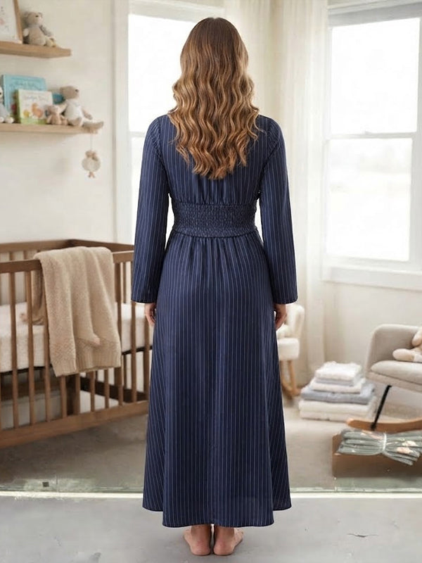 Dark Blue Striped Maternity Maxi Dress with Gathering Detail and Big Swing Silhouette