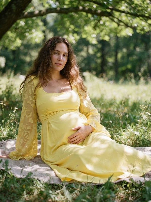 Yellow Ruffle Maternity Maxi Dress with Lace Detail and Slit Sleeves
