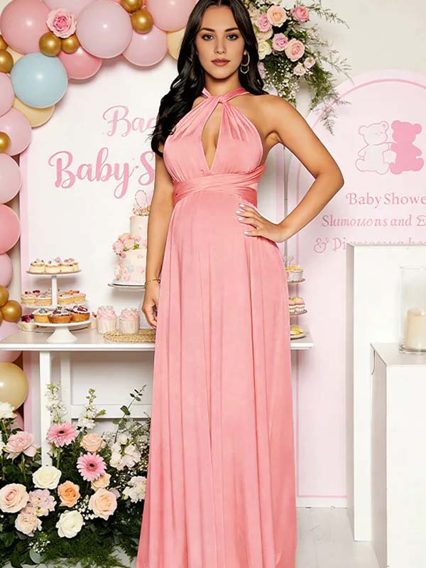 Momyknows Pink Halter Neck Open Back Deep V Homecoming Maternity Baby Shower Maxi Dress, Pink / S