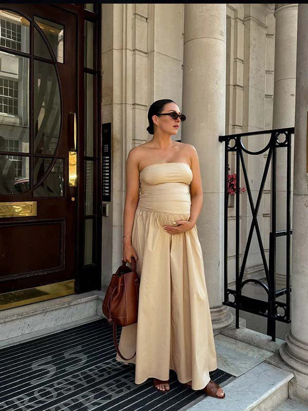 Momyknows Ruched Bandeau A-line Strapless Streetwear Elegant Going Out Maternity Photoshoot Maxi Dress