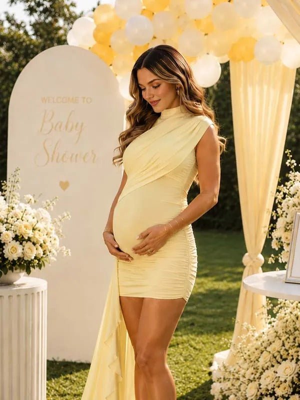 Momyknows Yellow Grenadine Irregular Ruffle Splicing Maternity Baby Shower Maxi Dress - Yellow - 2