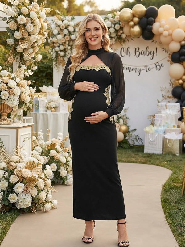 Black Embroidered Tulle Plus Size Maternity Dress with Bodycon Fit, Baby Shower
