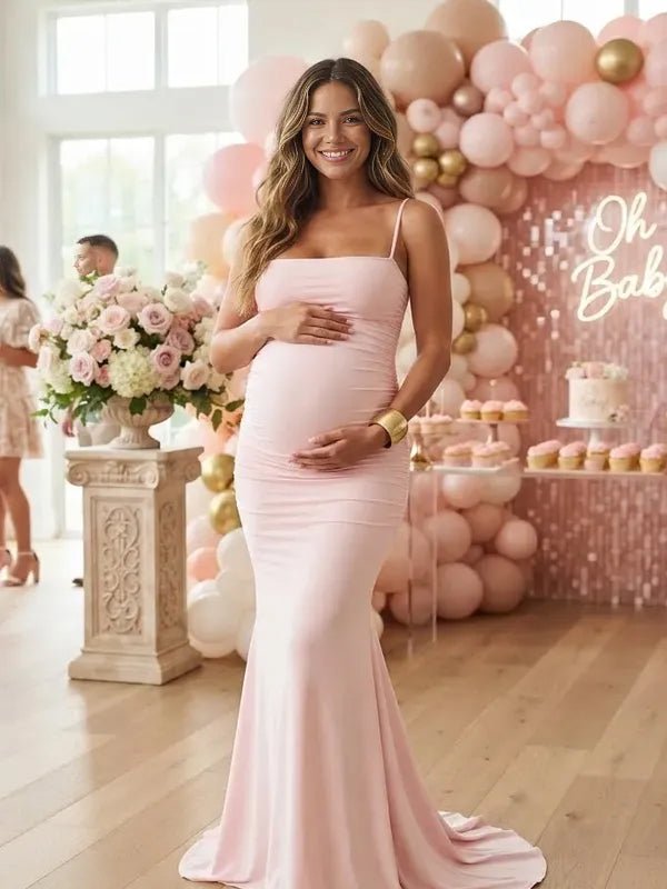 Momyknows Pink Spaghetti Strap Ruched Lace Up Backless Maternity Baby Shower Maxi Dress - Pink - 3