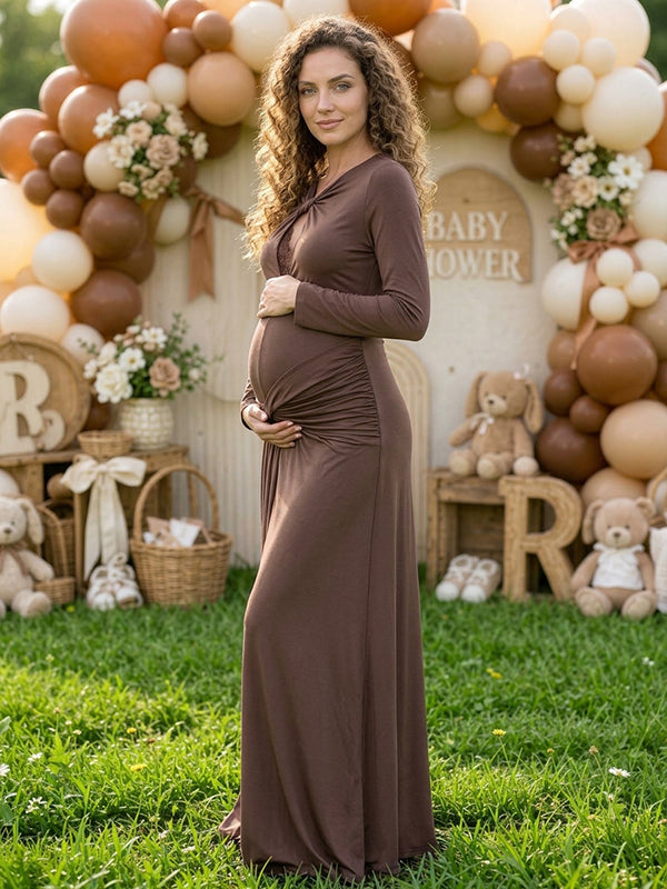 Brown Ruched Knot Lace Cut Out Maternity Maxi Dress with Lace Detail Loose Fit