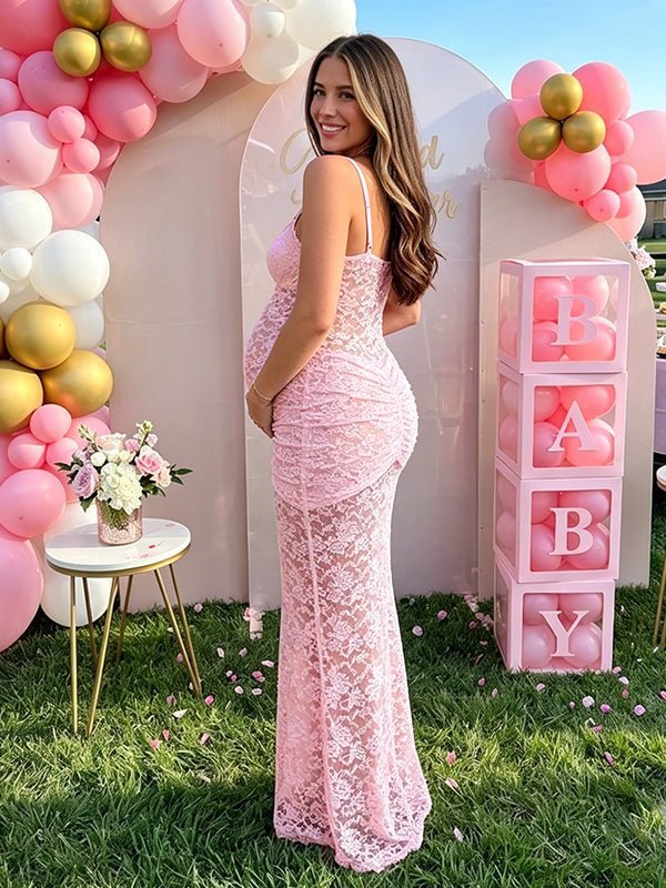 Momyknows Pink Lace Ruched Slit Splicing Bodycon Baby Shower Maternity Maxi Dress - Pink - 2