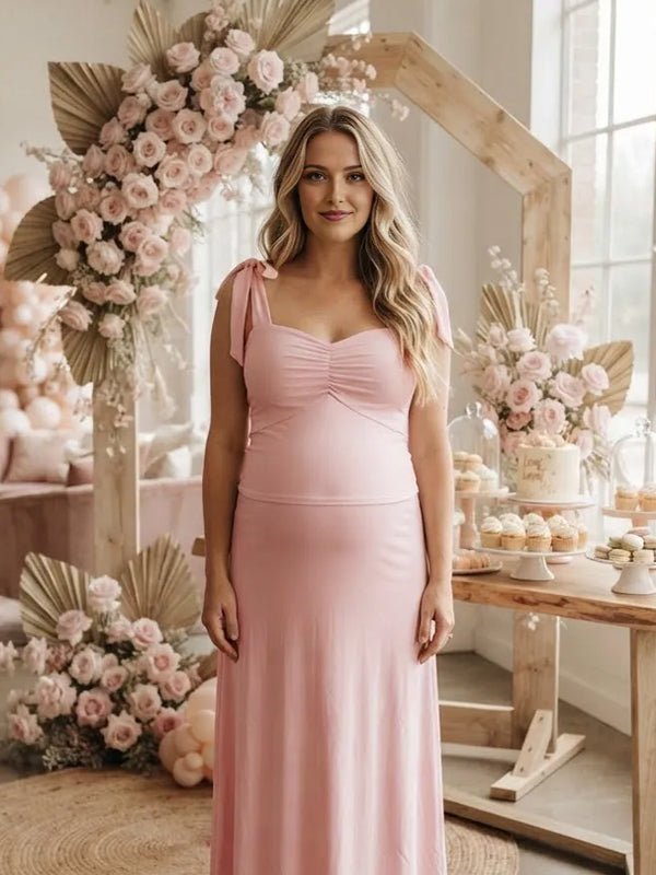 Momyknows Lace Up Ruched Zipper Backless Big Swing Maternity Baby Shower Midi Dress - Pink - 9