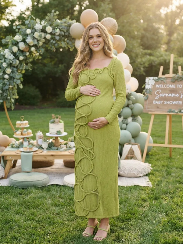 Green Long-Sleeve Maternity Dress with Ruffle and Twisted Details and Square Neckline, Baby Shower