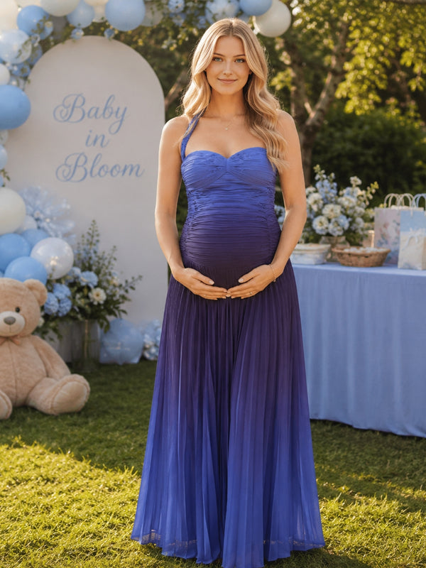 Blue Gradient Maternity Maxi Dress with Ruched Detail and Backless Design and Flattering Fit, Baby Shower Occasion
