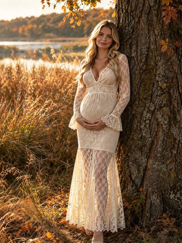 Apricot Lace Maternity Maxi Dress with Flare Sleeves and Elegant Fit, Photoshoot Occasion