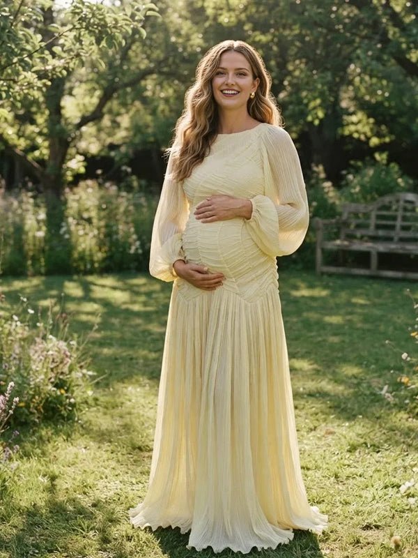 Momyknows Yellow Long Sleeve Ruffle Grenadine Solid Color Photoshoot Maternity Maxi Dress - Yellow - 2