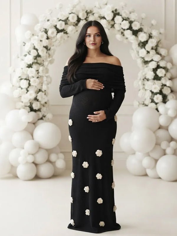 Momyknows Black Off Shoulder 3D Flower Backless Crochet Maternity Baby Shower Maxi Dress - Black - 4
