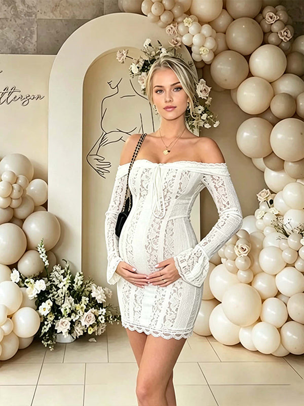 Momyknows White Off Shoulder Lace Lace Up Flare Sleeve Maternity Baby Shower Mini Dress