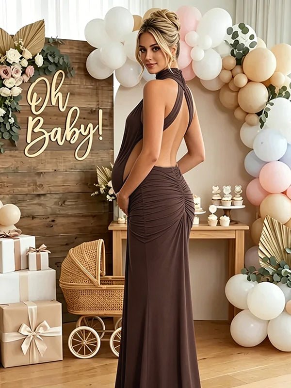 Momyknows Ruched Bowknot Draped High Neck Backless Bodycon Elegant Maternity Baby Shower Maxi Dress, Black / S