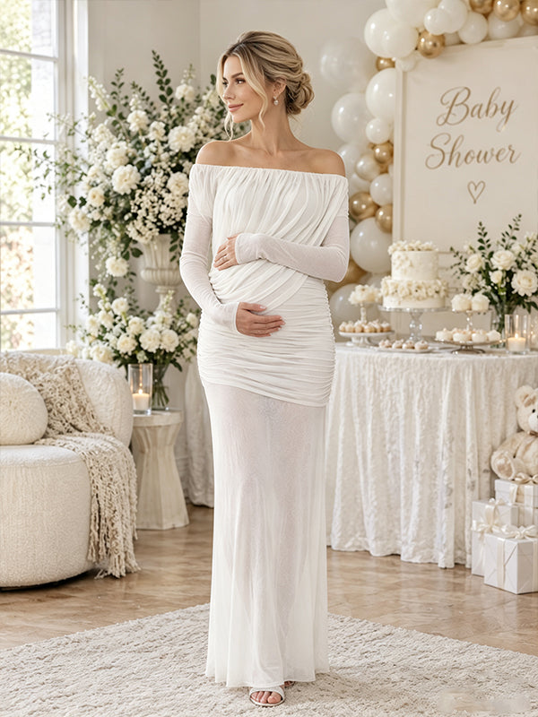 White Ruched Maternity Maxi Dress with Off Shoulder and Sheer Detail and Flattering Silhouette