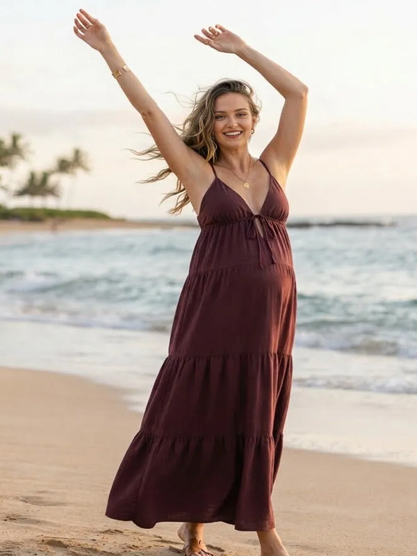Brown Maternity Maxi Dress with Lace Up Design and Spaghetti Strap Detail