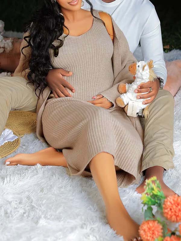 Momyknows Coffee Knit Tank Dress And Long Cardigan Two Piece Set Maternity Maxi Dress Light Coffee / 2XL Momyknows Coffee Knit Tank Dress And Long Cardigan Two Piece Set Maternity Maxi Dress Light Coffee / 2XL