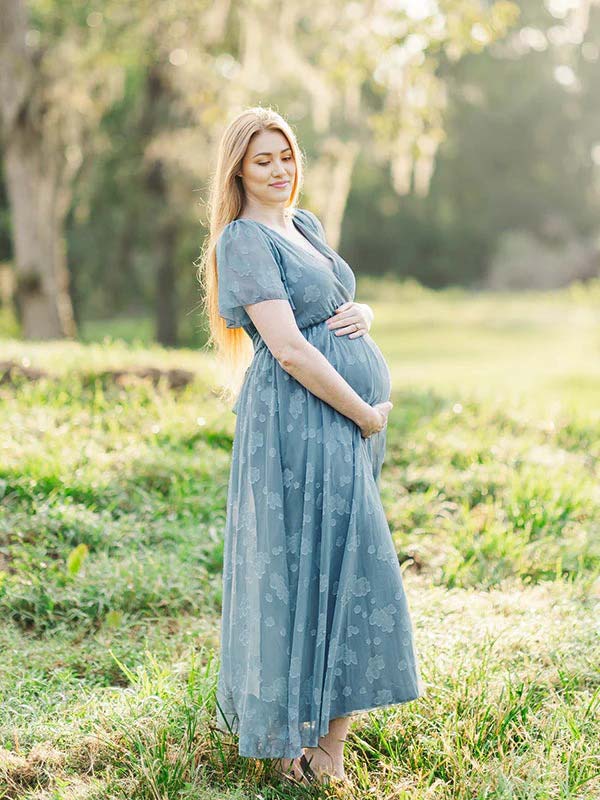 Momyknows Blue Floral Wrap Side Slit Big Swing Elegant Baby Moon Going Out Boho Maternity Photoshoot Baby Shower Maxi Dress