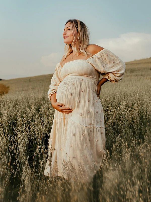 Momyknows Apricot Daisy Print Smocked Off Shoulder Ruffle Big Swing Elegant Maternity Gender Reveal Maxi Dress