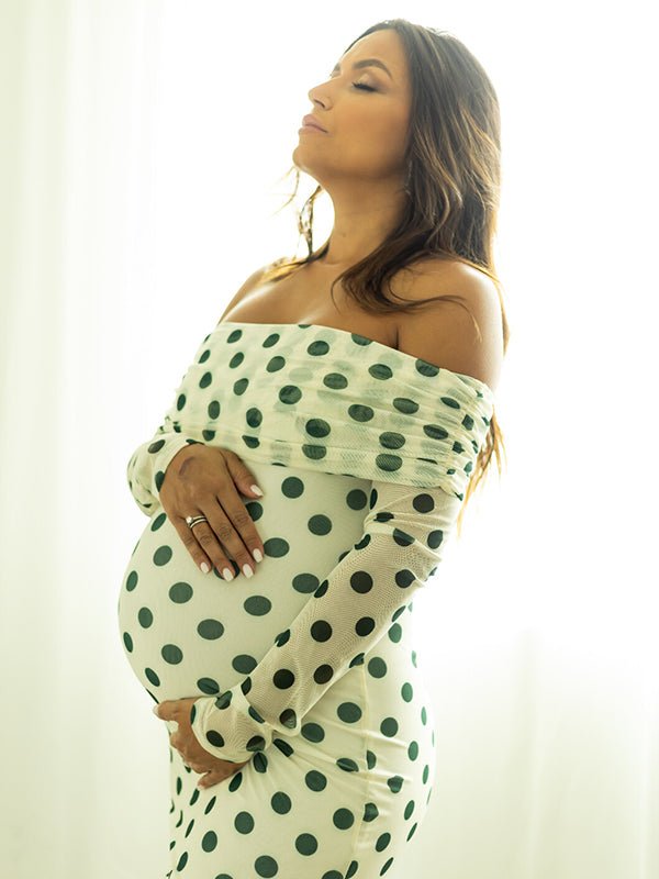 Momyknows White Off Shoulder Olive Green Polka Dot Bodycon Boho Photoshoot Baby Shower Maternity Maxi Dress, White / L