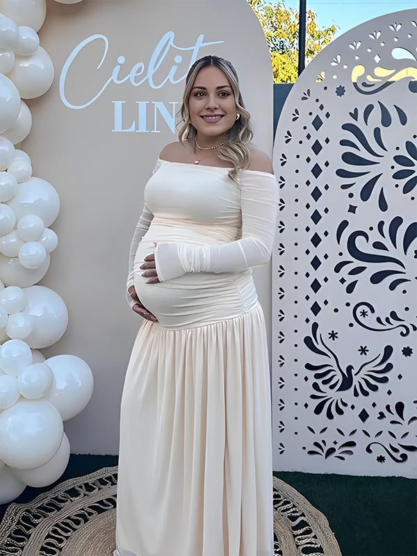 Momyknows Off Shoulder Mesh Ruched Elegant Maternity Maxi Dress
