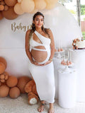 Momyknows White One Shoulder Cut Out Bodycon Party Club Photoshoot Baby Shower Maternity Maxi Dress