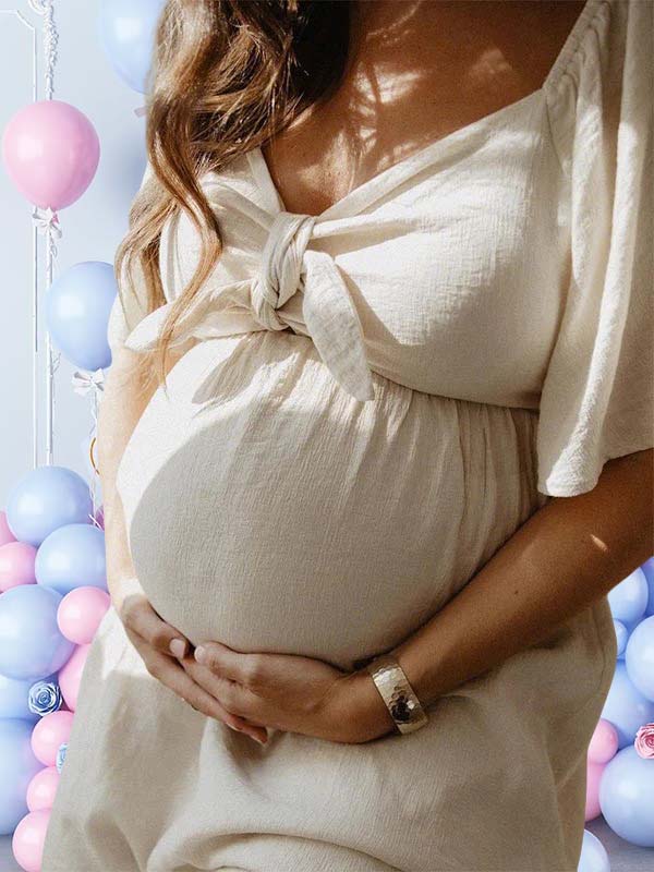 Momyknows Bow Flutter Sleeve Solid V-neck Flowy Cute Gender Reveal Maternity Maxi Dress