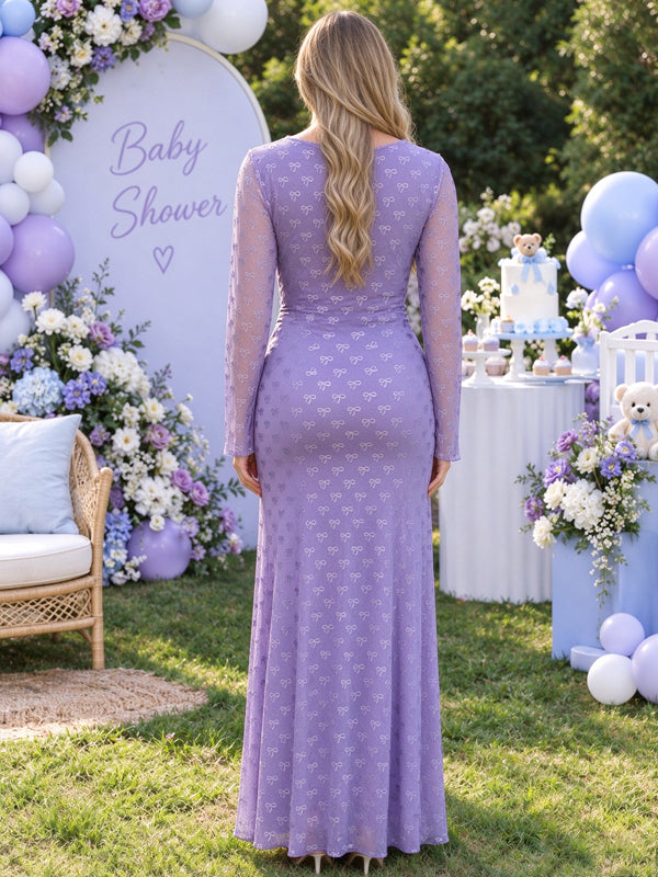 Purple printed tulle maternity maxi dress with a one-shoulder design