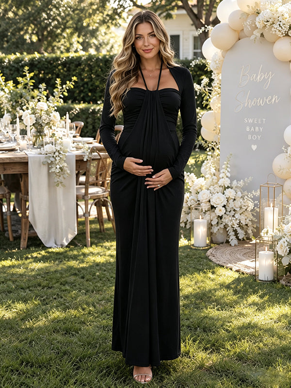 Black Ruched Halter Neck Maternity Maxi Dress with Ribbon Accent and Graceful Fit, Baby Shower Style