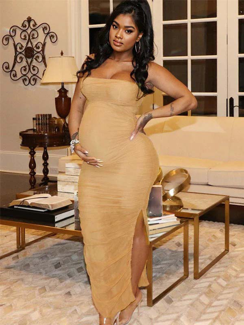 Momyknows Apricot Ruched Side Slit Bodycon Baby Shower Maternity Dress