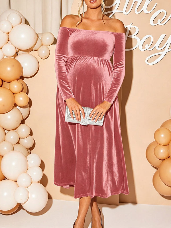 Pink Maternity Midi Dress with Off Shoulder Design and Elegant Big Swing Shape