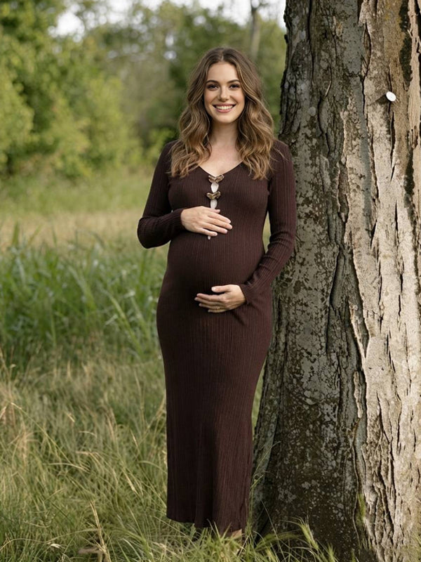 Brown Velvet Maternity Dress with V-Neck and Button-Front Design and Flattering Fit, Outdoor Lawn Photoshoot