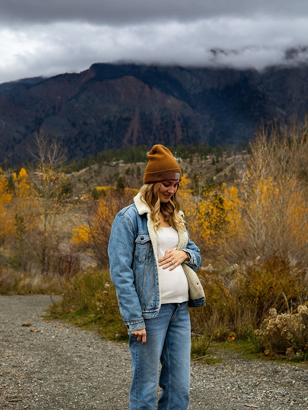 Momyknows Light Blue Buttons Pockets Padded Daily Going Out Maternity Photoshoot Outerwear Jacket