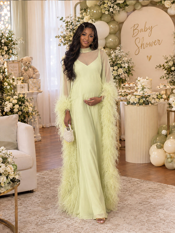 Green Maternity Maxi Dress with Fluffy Cape Detail and Flowing Silhouette