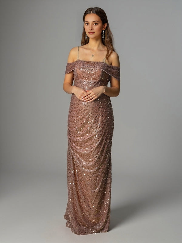 Momyknows Sparkly Sequin Off Shoulder Side Slit Draped Evening Gown Maternity Photoshoot Elegant Baby Shower Party Maxi Dress Reddish Brown / M Momyknows Sparkly Sequin Off Shoulder Side Slit Draped Evening Gown Maternity Photoshoot Elegant Baby Shower Party Maxi Dress Reddish Brown / M