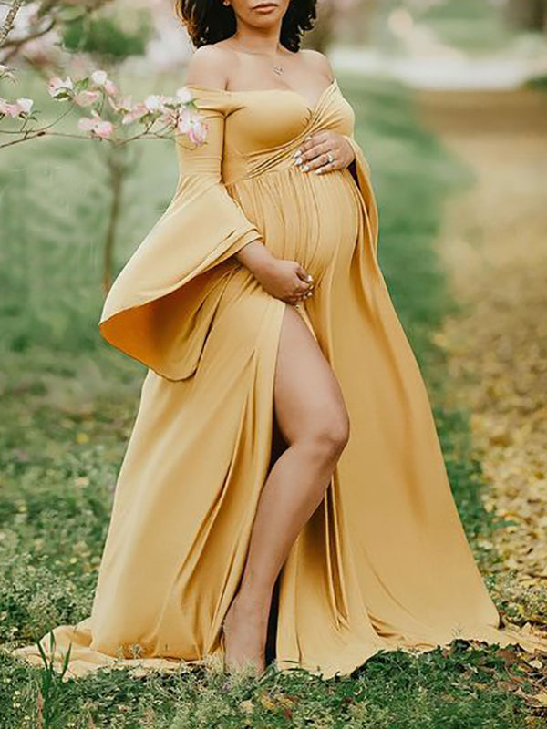 Momyknows Solid Off Shoulder V-neck Slit Flare Sleeve Party Long Train Gown Maternity Photoshoot Maxi Dress