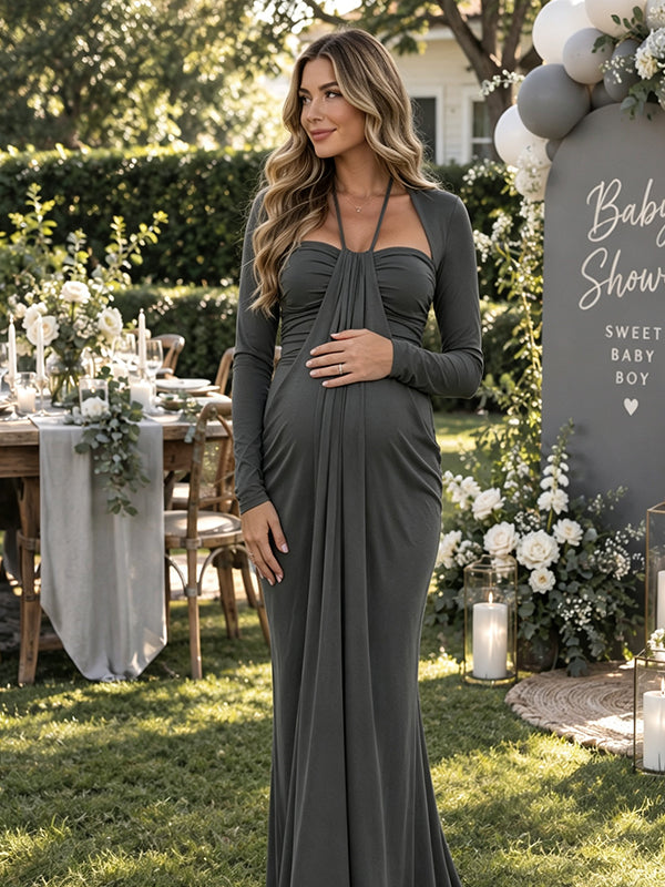 Dark Grey Ruched Maternity Maxi Dress with Halter Neck and Ribbon Detail and Flattering Silhouette