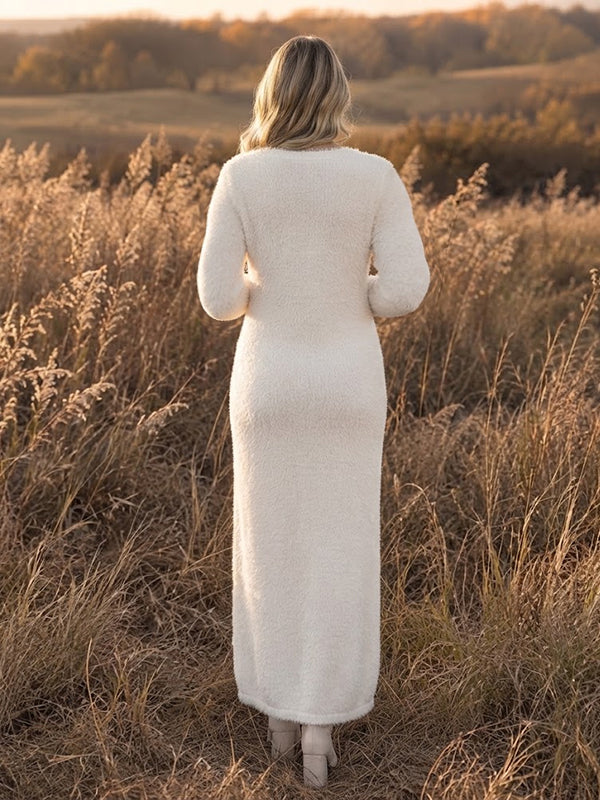 White Maternity Maxi Dress with V Neck and Button Front and Sweater Texture