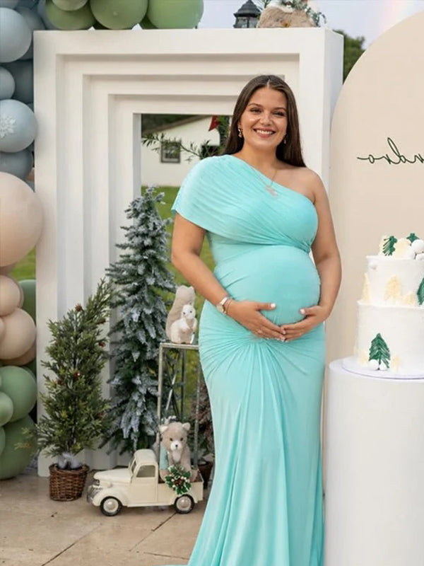 Momyknows Green Oblique Shoulder Ruched Backless Maternity Baby Shower Maxi Dress